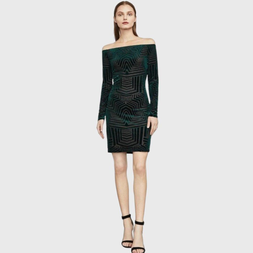 BCBGMAXAZRIA Women S Emerald Burnout Velvet Off-Shoulder Bodycon Party Glam